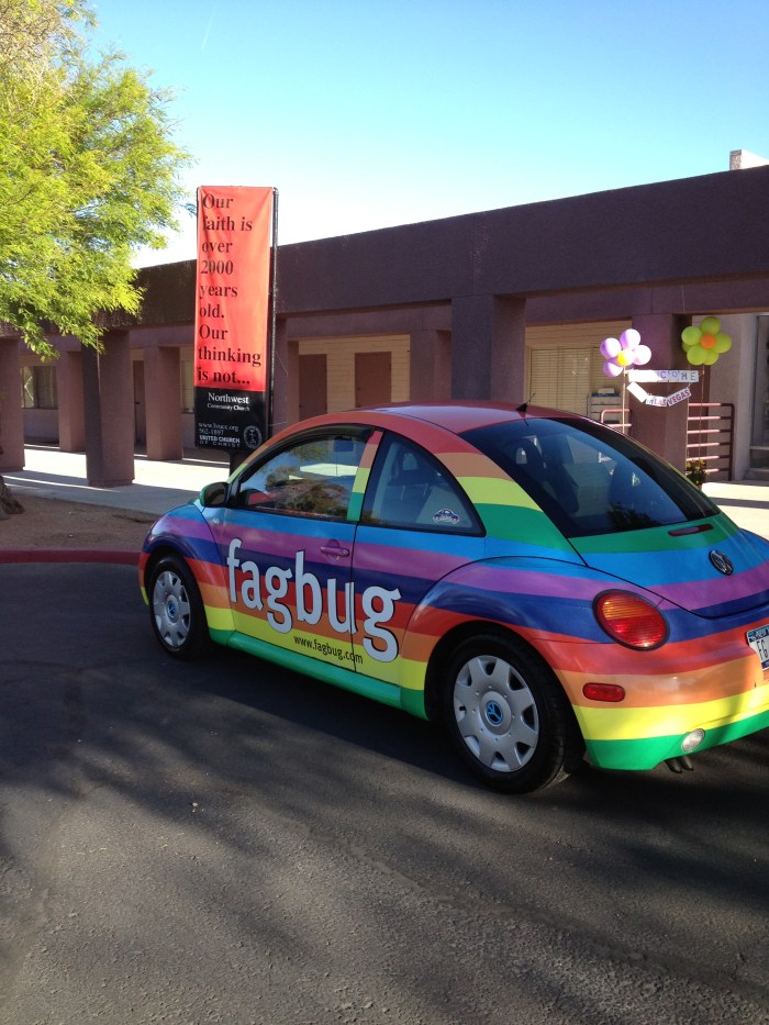 Erin Davies' fag bug parked outside Northwest Community Church, April 19, 2013.